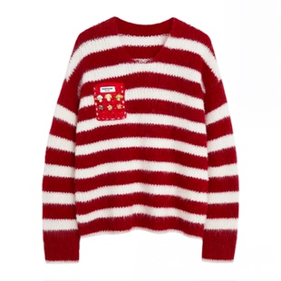 希林娜依高同款 cloudseason条纹长袖毛衣2026冬女红色条纹毛衣女