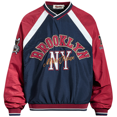 原创美式撞色刺绣棒球V领卫衣潮