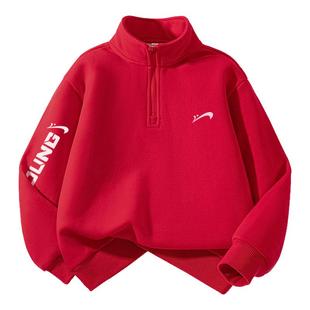 贵人鸟童装男童卫衣加绒儿童冬季本命年打底衫女童运动红色上衣厚