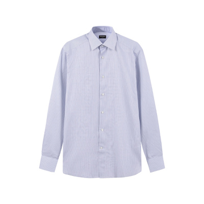 Zegna SS24 条纹尖领单排扣长袖衬衫 男款 白底蓝色