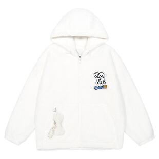 GUUKA&matsui联名白色毛绒骨头仿兔毛冬季外套女小狗刺绣夹克落肩