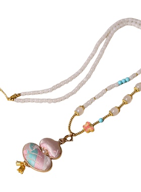 非遗双面宋锦粉葫芦吊坠挂链子