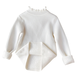 女童花边领一体绒毛衣针织衫2025秋冬款儿童加厚半高领打底衫上衣