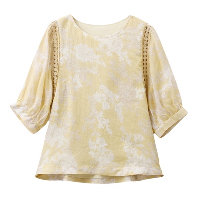 苎麻剪纸印花镂空灯笼袖小衫上衣