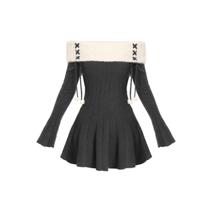 VOCK 冬季恋歌 纯欲氛围感新年针织长袖毛衣一字肩收腰显瘦连衣裙