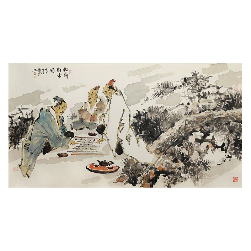 孤品收藏名家手绘松荫对弈国画