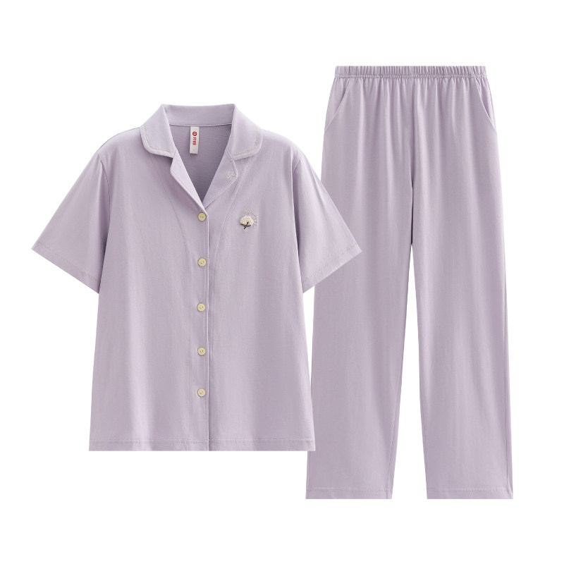 芬腾浅紫纯棉衬衫领睡衣女套装春夏短袖长裤家居服两件套2026新款