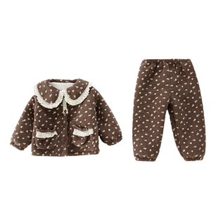 女童睡衣加绒儿童法兰绒复合一体加厚冬季女孩宝宝保暖家居服套装