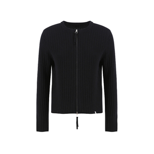 范洛Fano 随性极简风100绵羊毛坑条卷边双开拉链针织开衫女上衣