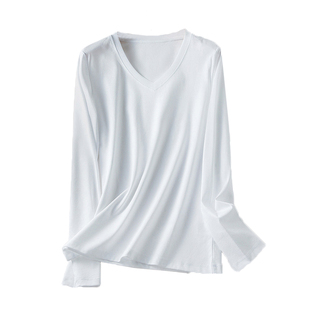 春秋打底衫女螺纹V领大码上衣胖MM莫代尔春天长袖鸡心领黑色薄T恤