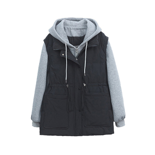 300斤特大码黑色遮肉显瘦假两件棉服女秋冬胖mm加厚保暖连帽外套