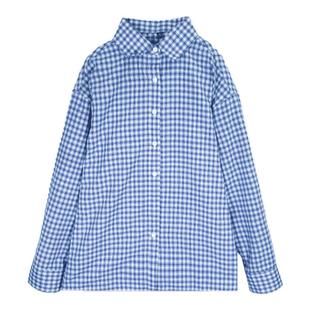 班尼路经典港风翻领蓝色格子衬衫女春秋慵懒休闲衬衣拼接上衣女J