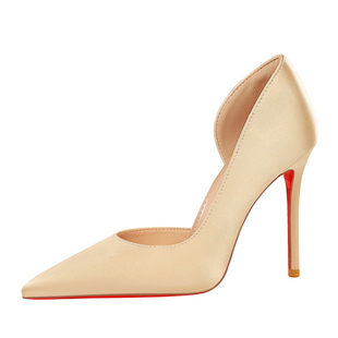 香槟色高跟鞋女细跟性感尖头气质百搭绸缎浅口单鞋职业红底工作鞋