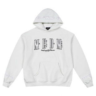 MEDM 秋冬新款帽檐贴布珍珠字母休闲连帽卫衣加绒宽松情侣帽衫女