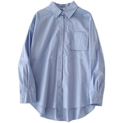 ootd春夏季净色百搭蓝色衬衫女