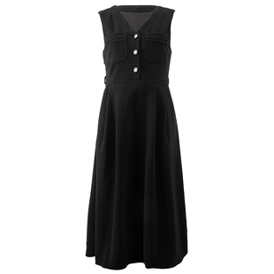 衣纱布菲月莺2025冬装新款V字领修身百搭连衣裙复古小黑裙无袖