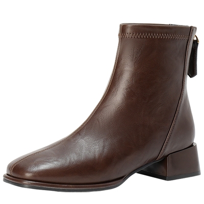 森达奶酪弹力靴冬季加绒粗跟短靴