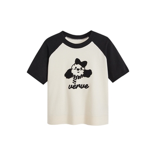 阔色插肩袖小狗针织衫毛衣女2025春夏季新款杏色修身短袖上衣短款