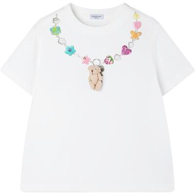 【彩糖小熊】sorona光盾凉感 立体小熊玩偶项链印花短袖T恤女童夏