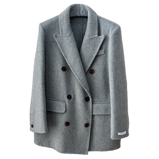 2025秋冬新款手缝双面尼呢大衣女羊毛外套短款韩双排扣人字纹西装