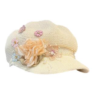 韩版针织八角帽女夏季镂空透气百搭遮阳帽珍珠花朵贝雷帽鸭舌帽子