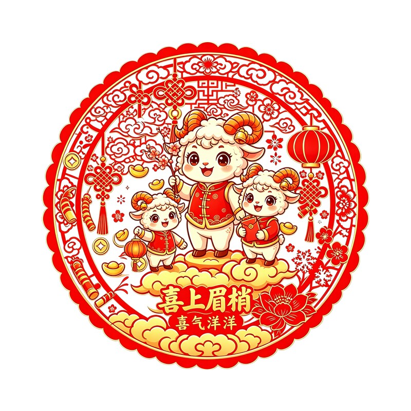 圆形三小羊窗花喜上眉梢红灯笼元宝羊年鞭炮新年吉祥寓意装饰贴纸