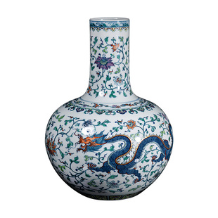 钟家窑陶瓷花瓶景德镇柴窑青花斗彩纯手工手绘缠枝龙凤天球瓶摆件