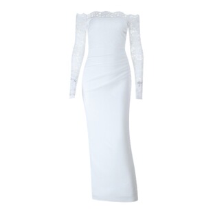 instahot 性感一字肩白色蕾丝长袖连衣裙女秋季高级气质修身长裙