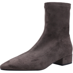 步享尖头绒面短靴女2025新款韩版尖头平底低跟真皮百搭弹力瘦瘦靴