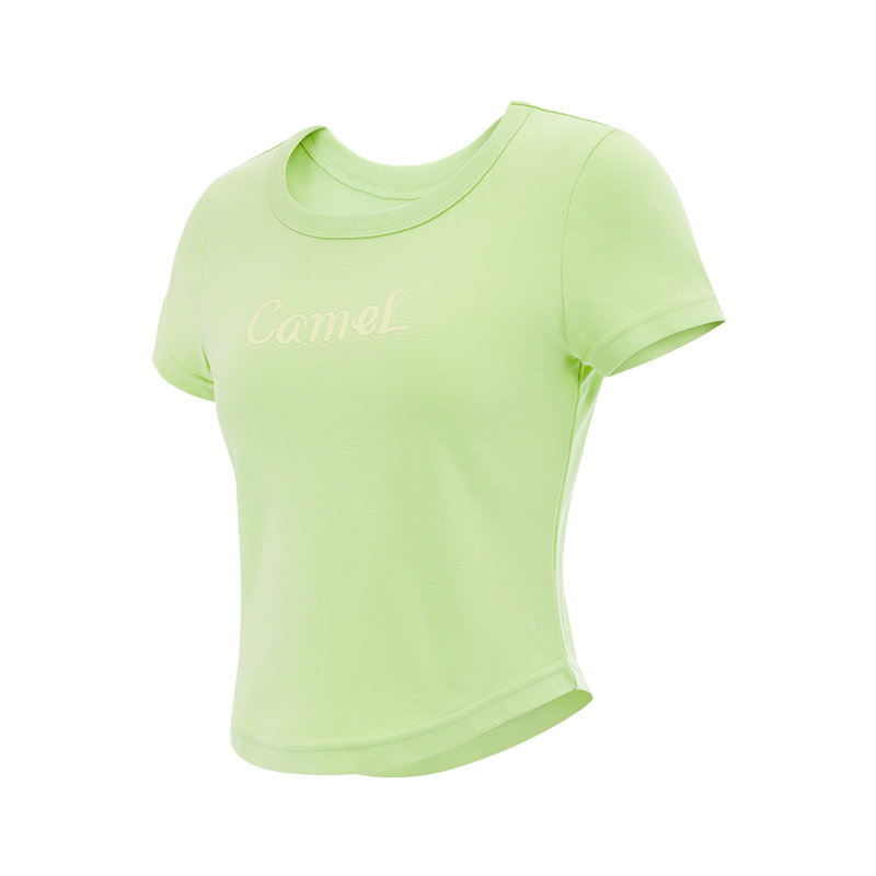 骆驼瑜伽T恤女夏季速干透气运动上衣修身跑步时尚纯色健身短袖衫