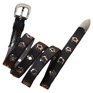 免打孔铆钉女士真皮细皮带个性梅花扣花朵头层牛皮多孔位腰带女