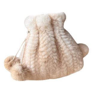 真毛新款水貂毛编织包包女可爱四球抽绳手拎斜挎单肩皮草包包女士