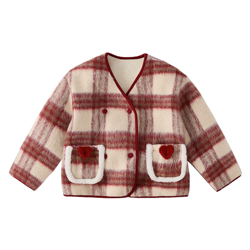 女童毛呢外套宝宝格纹甜美衣服儿童加厚红色冬装大童毛呢开衫女宝