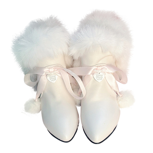 雪芙拉PINKYO尖头公主风毛毛短靴女2024秋冬新款可爱绑带短筒靴子