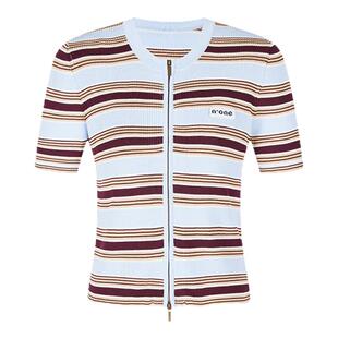 n'one 2025夏季新款洋气修身针织短袖毛衣开衫女时尚撞色条纹上衣