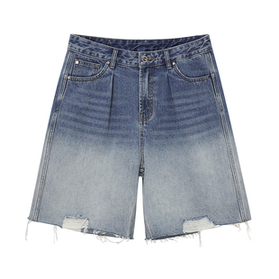 FORNINES水洗渐变破洞美式高街牛仔裤男女潮牌短裤夏季宽松五分裤
