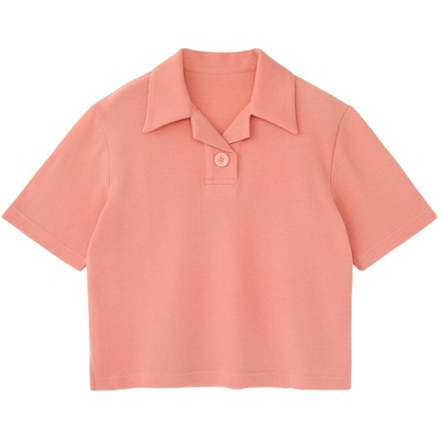 粉色西装领华夫格翻领T恤