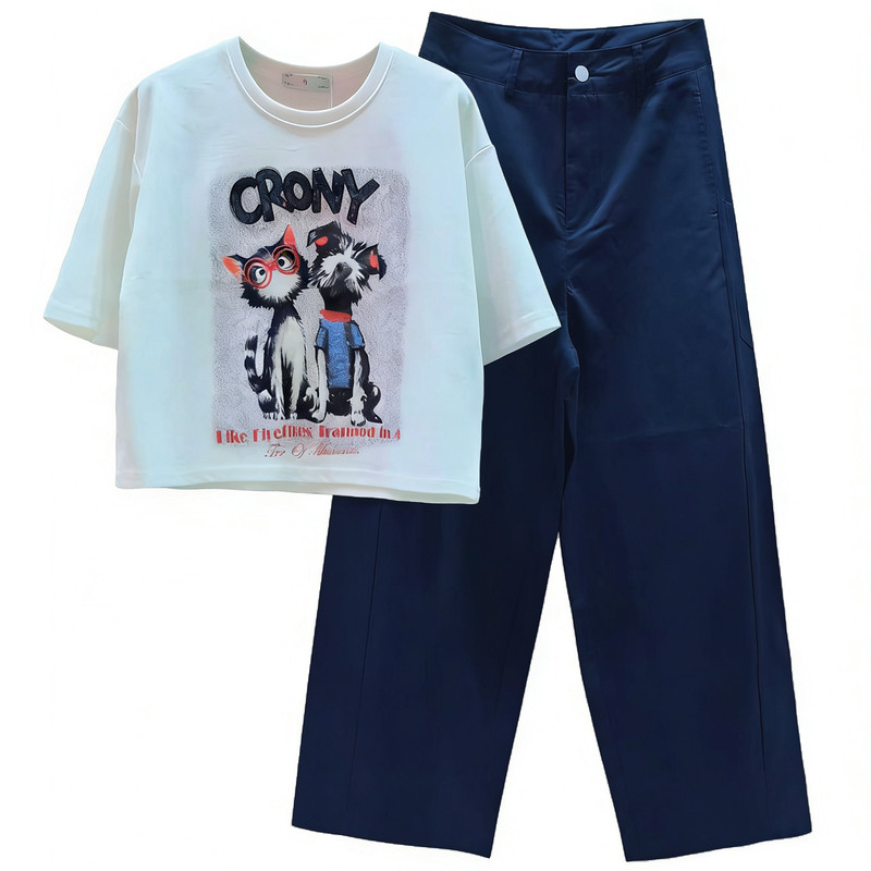 卡通印花短袖高腰弯刀九分裤套装