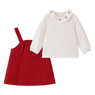 英氏宝宝背带裙套装分体女宝女童长袖上衣小女孩可爱春秋红色新年