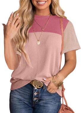 E 10536 Striped patch women's short tee 拼接多色条纹短袖 T
