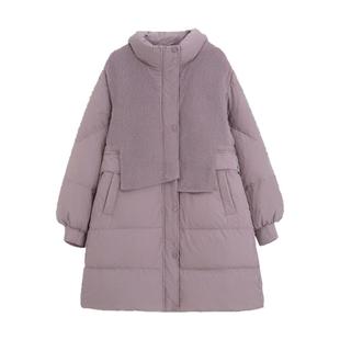 孕妇羽绒服针织围巾连帽中长款女冬装新款收腰紫色加厚白鸭绒外套