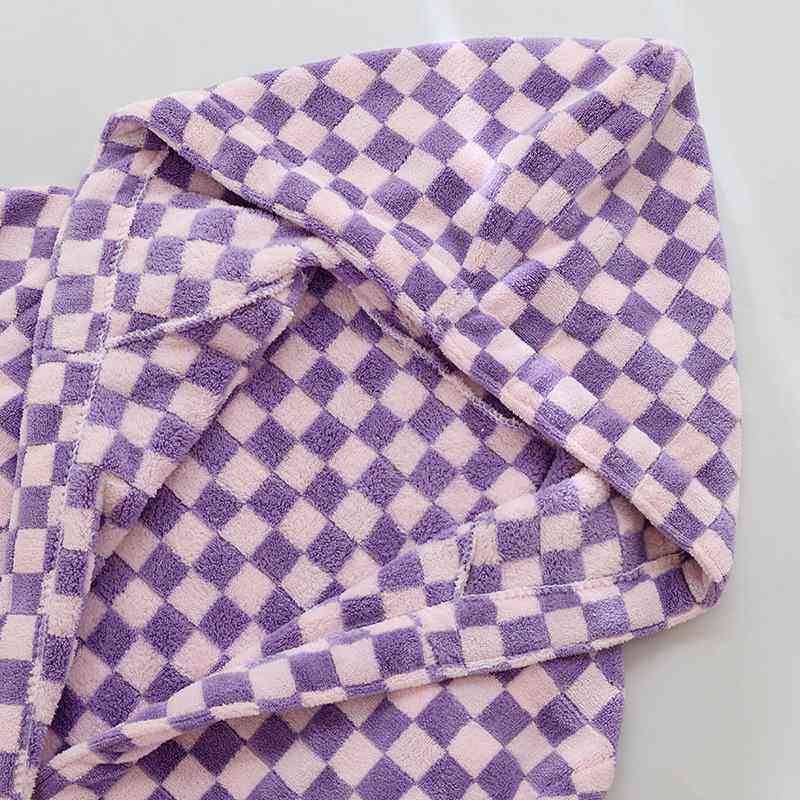 批发新款复古棋盘格带帽中款绒服睡袍浴衣珊瑚加厚长居家成人浴袍