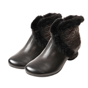 相伴真皮短靴女新款冬季加绒妈妈靴子羊皮粗跟民族风软底女靴