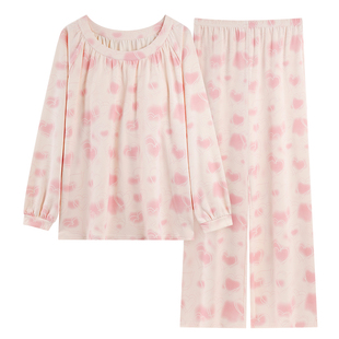 浪莎带胸垫睡衣女春秋款纯棉长袖2025新款圆领宽松大码家居服套装