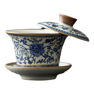 汝窑青花悬停旋转三才盖碗茶杯套装泡茶碗带盖专用不烫手功夫茶具