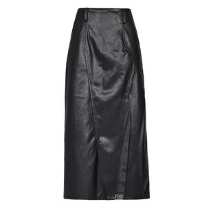 PUNKRAVE朋克风开叉半身裙皮裙冬季高腰A摆显瘦中长款包臀裙加绒