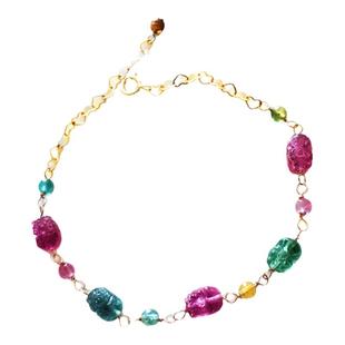 瑞铺原创wang财气貔貅天然糖果彩色粉红蓝碧玺手链女镀金手工制作