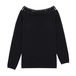 pusumede 法式朦胧 钩花镂空针织衫女设计感宽松慵懒斜肩长袖上衣