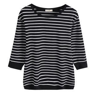 中老年妈妈秋装新款纯棉七分袖T恤女条纹打底衫长袖高端中袖上衣