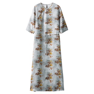 一丝牵 20姆米斜纹绸 桑蚕丝系带收腰圆领真丝连衣裙七分袖长裙夏